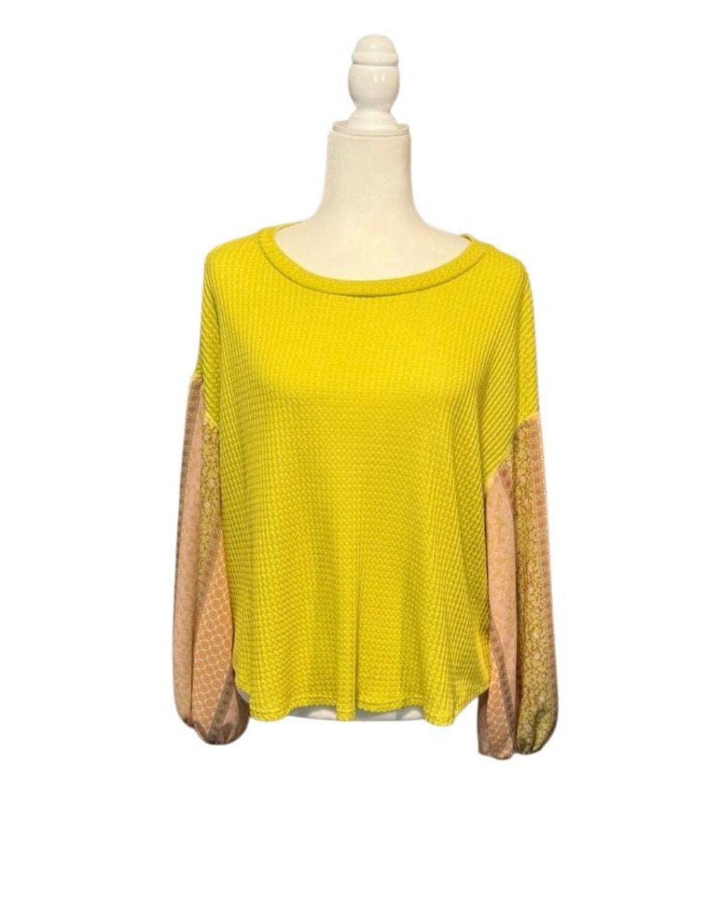 Blu Pepper loose fit yellow waffle knit blouse with blouson orange floral sleeve